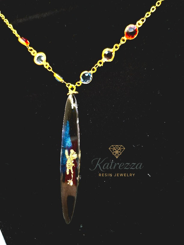 Bear Hugs & Blue Skies – Golden Teddy Resin Necklace