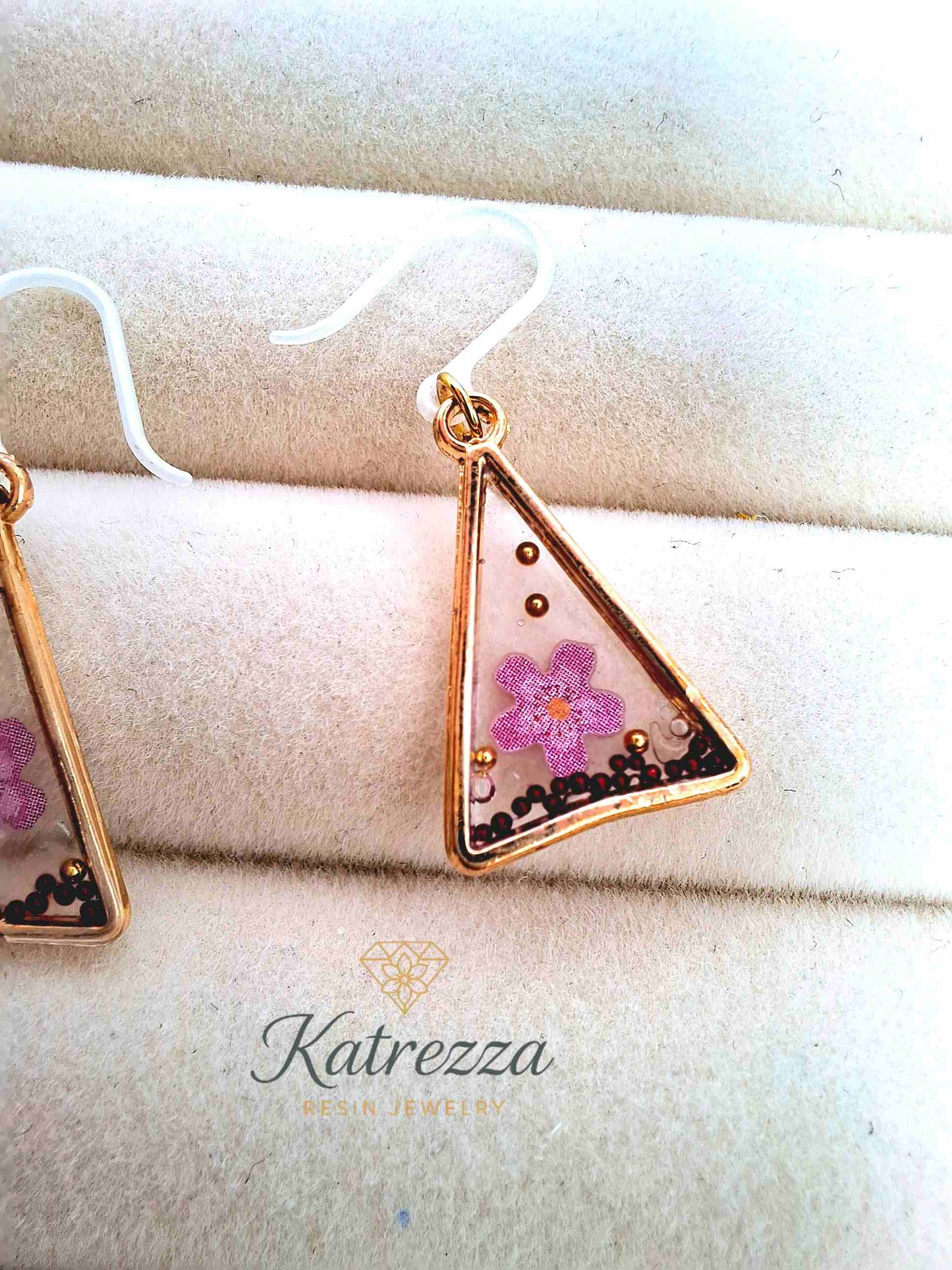 Handmade resin earrings for girls – triangle design with pink flowers