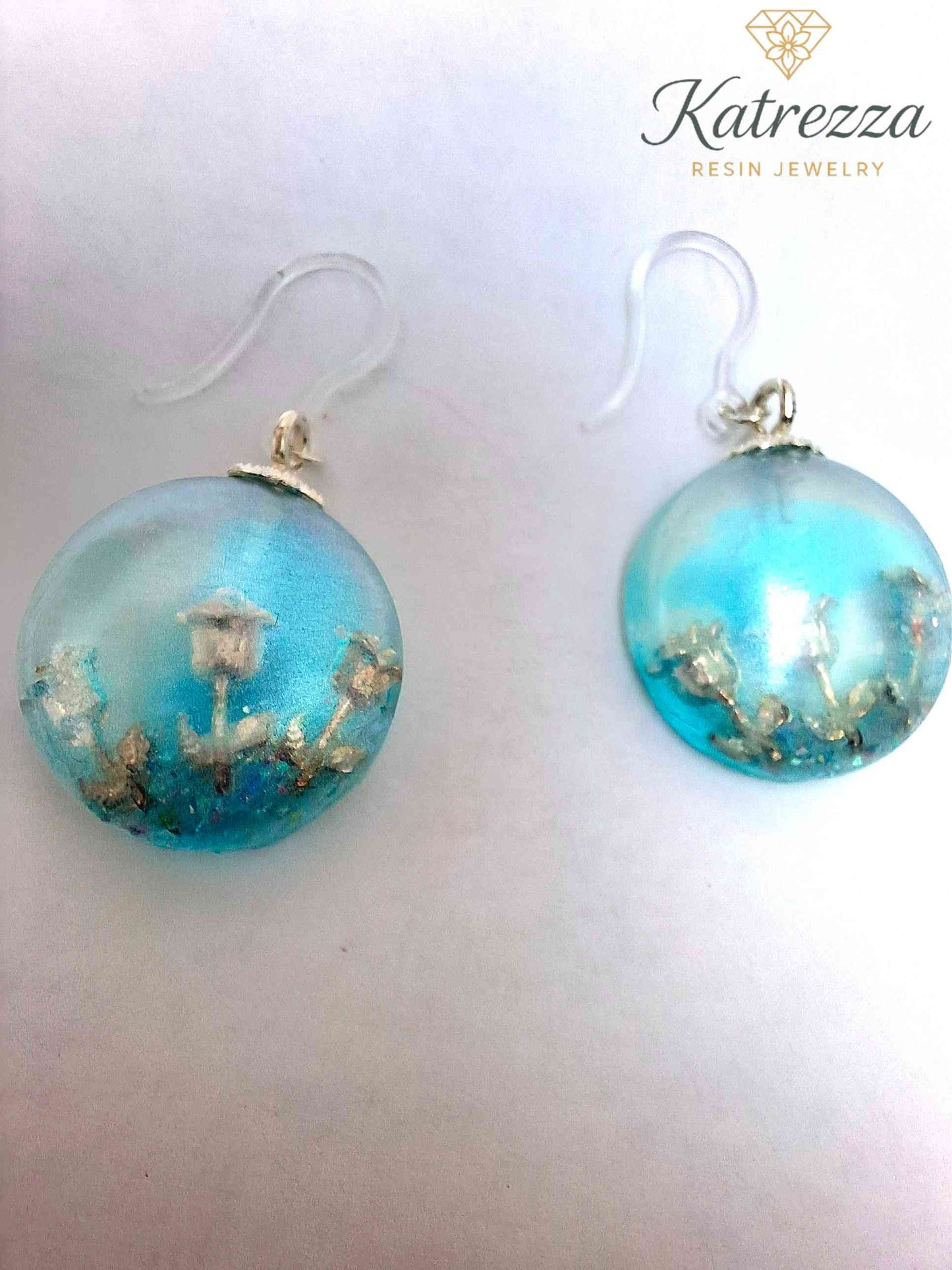 Blue Globe Resin Earrings with Silver Rose Charm – Handmade by Katrezza