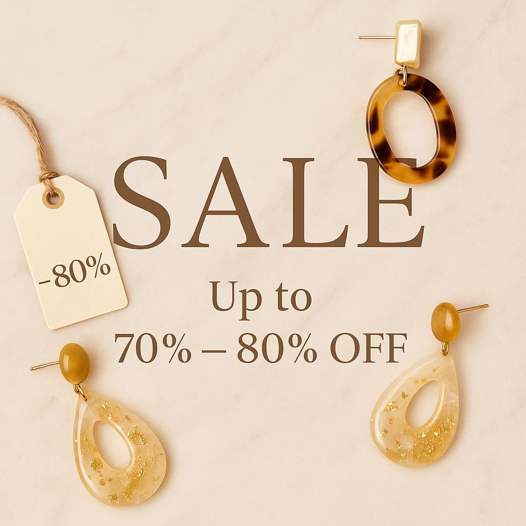 Resin hoop and teardrop earrings with bold SALE text and 70–80% OFF discount tag – Katrezza Sale Collection.
