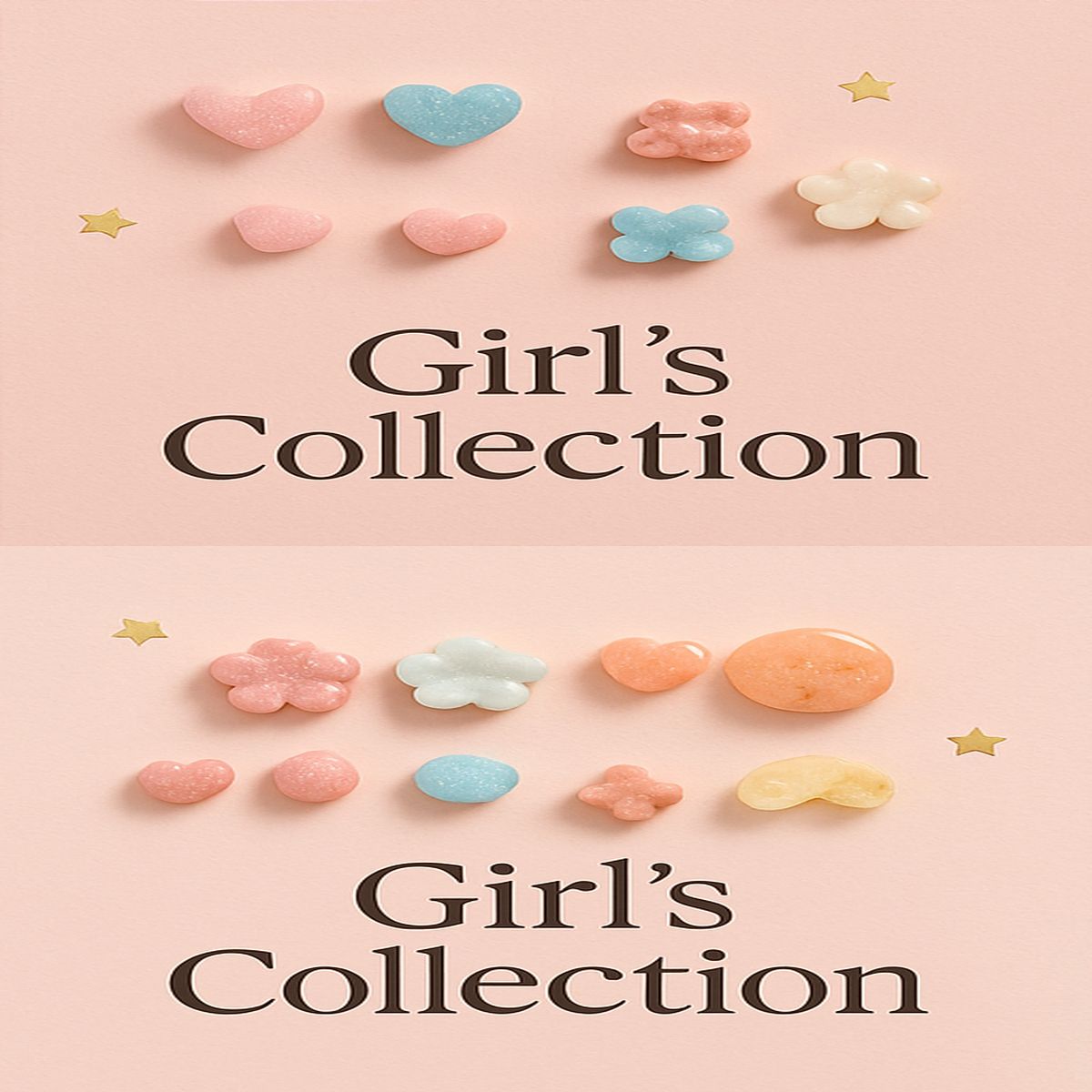 Pastel resin heart and flower earrings styled on a pink background with gold star accents – Katrezza Girl’s Collection