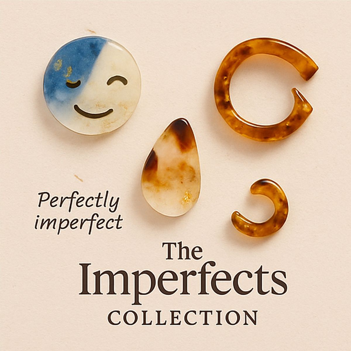 Unique resin earrings with natural imperfections, styled with 'Perfectly Imperfect' text – Katrezza Imperfects Collection.