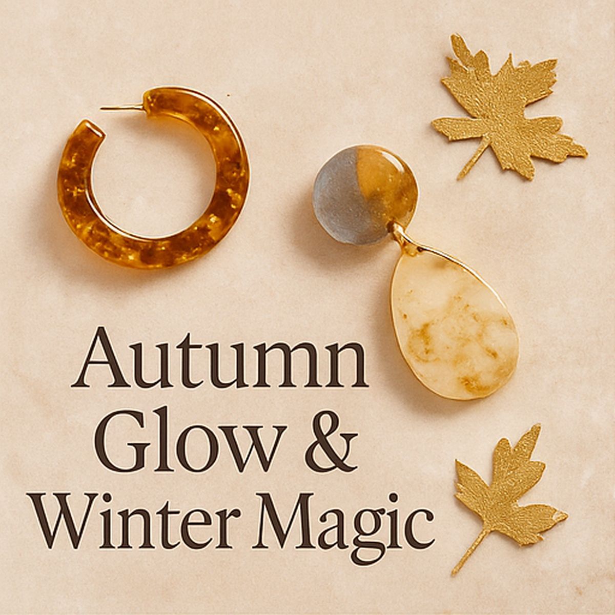Handmade resin earrings in warm autumn tones with gold leaf accents on a beige background – Katrezza Autumn Glow & Winter Magic Collection
