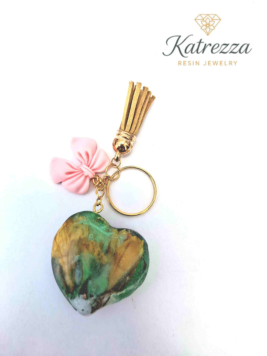 Handmade resin heart keychain with real flower, butterflies, mushrooms, pink bow and tassel – Imperfection Collection