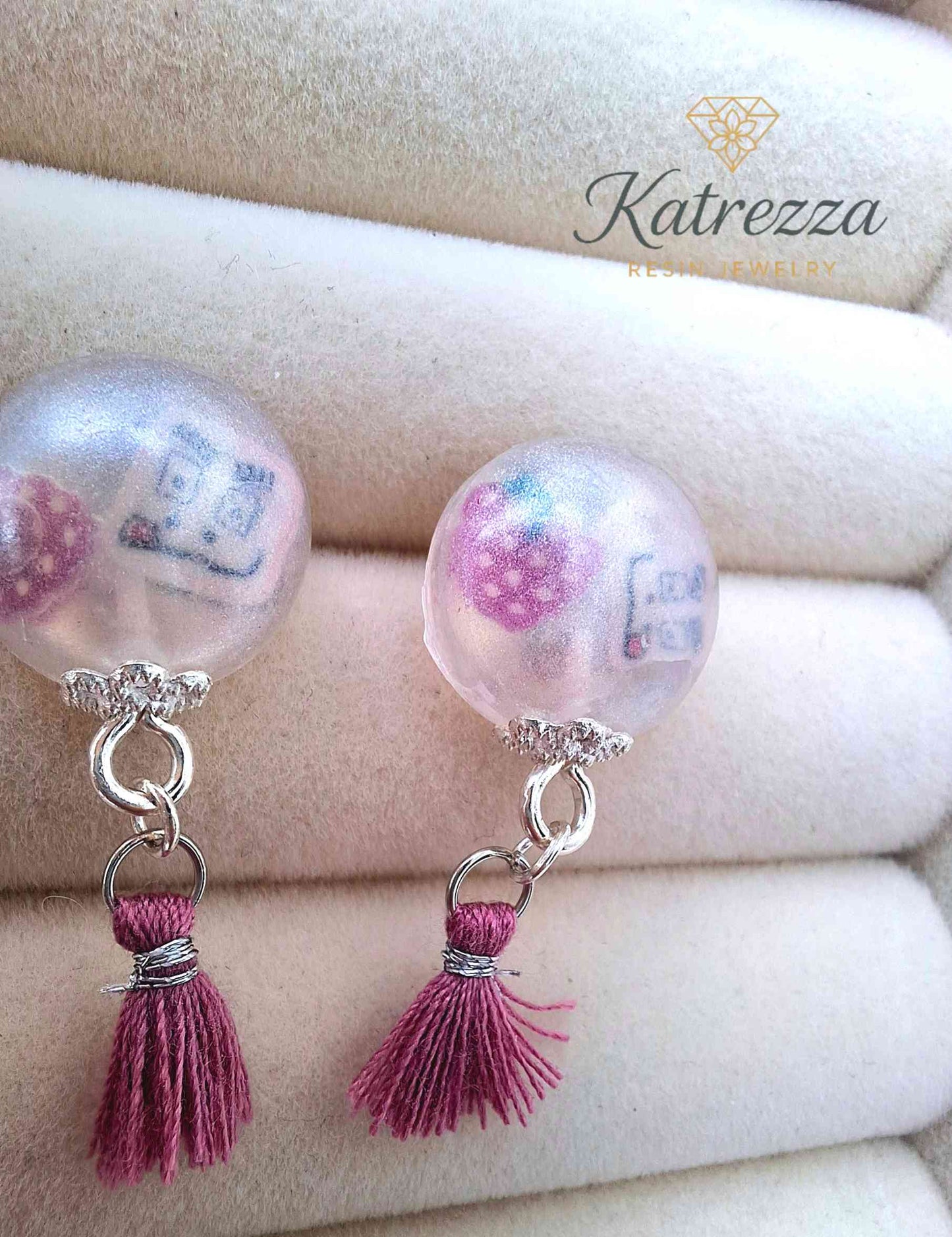 Pearly Resin Stud Earrings with Fimo Detail & Pink Tassel | Handmade Jewelry