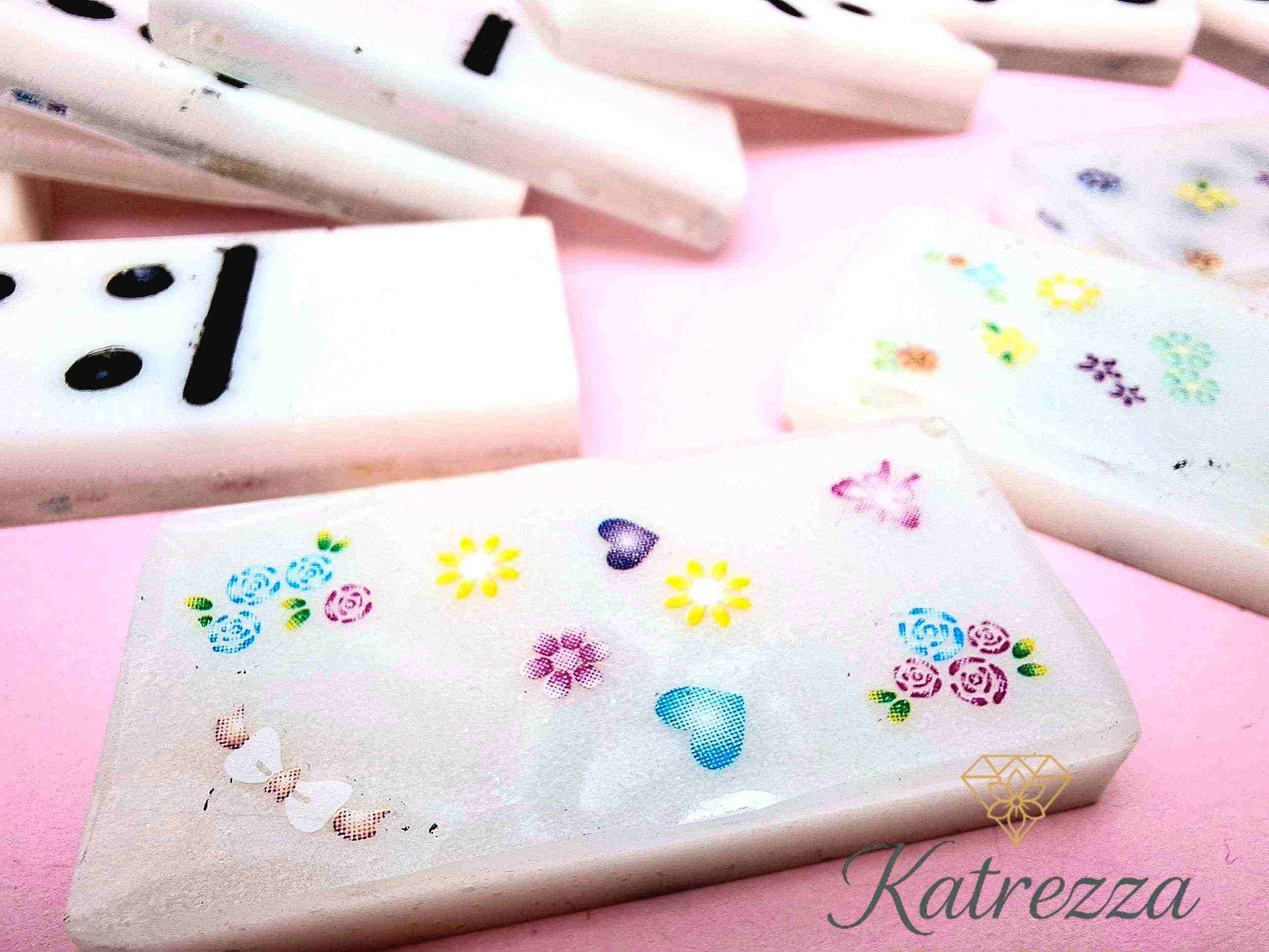 Resin dominoes with pastel flowers and hearts design