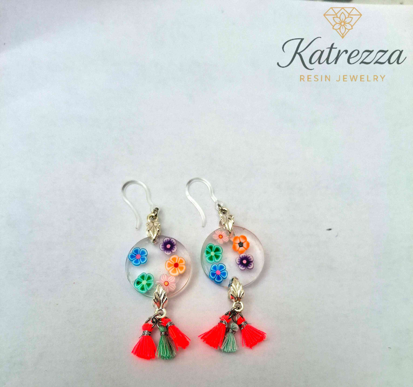 Handmade Resin Flower Earrings – Colorful Floral Dangle with Tassels, Boho Jewelry