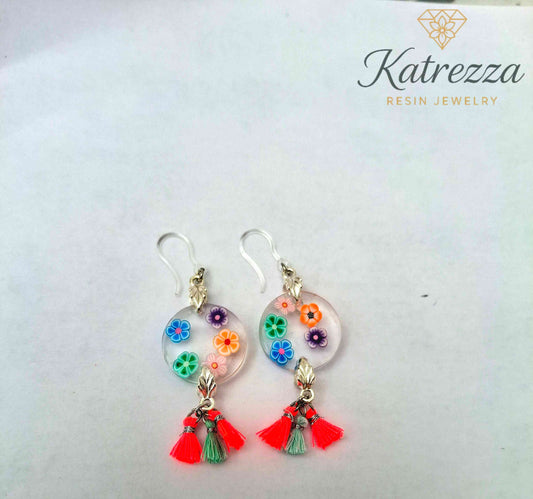 Handmade Resin Flower Earrings – Colorful Floral Dangle with Tassels, Boho Jewelry
