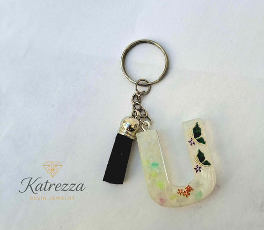 Handmade resin letter U keychain with butterfly and flower details