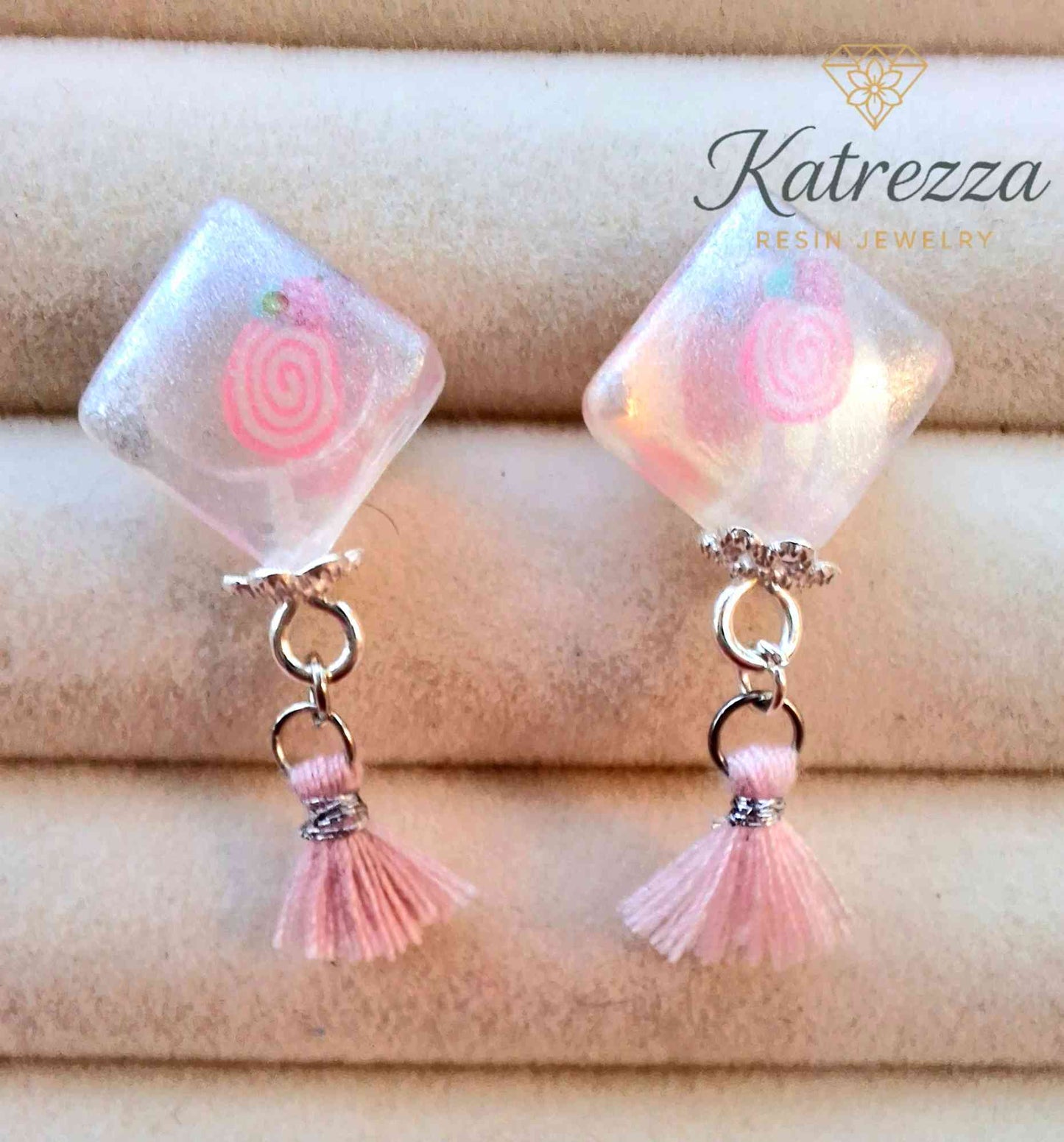 White Pearly Resin Diamond Stud Earrings with Pink Fimo & Tassel | Handmade Jewelry