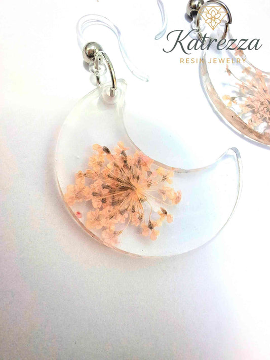 Crescent Moon Resin Earrings with Real Flowers & Heart Charm – Katrezza