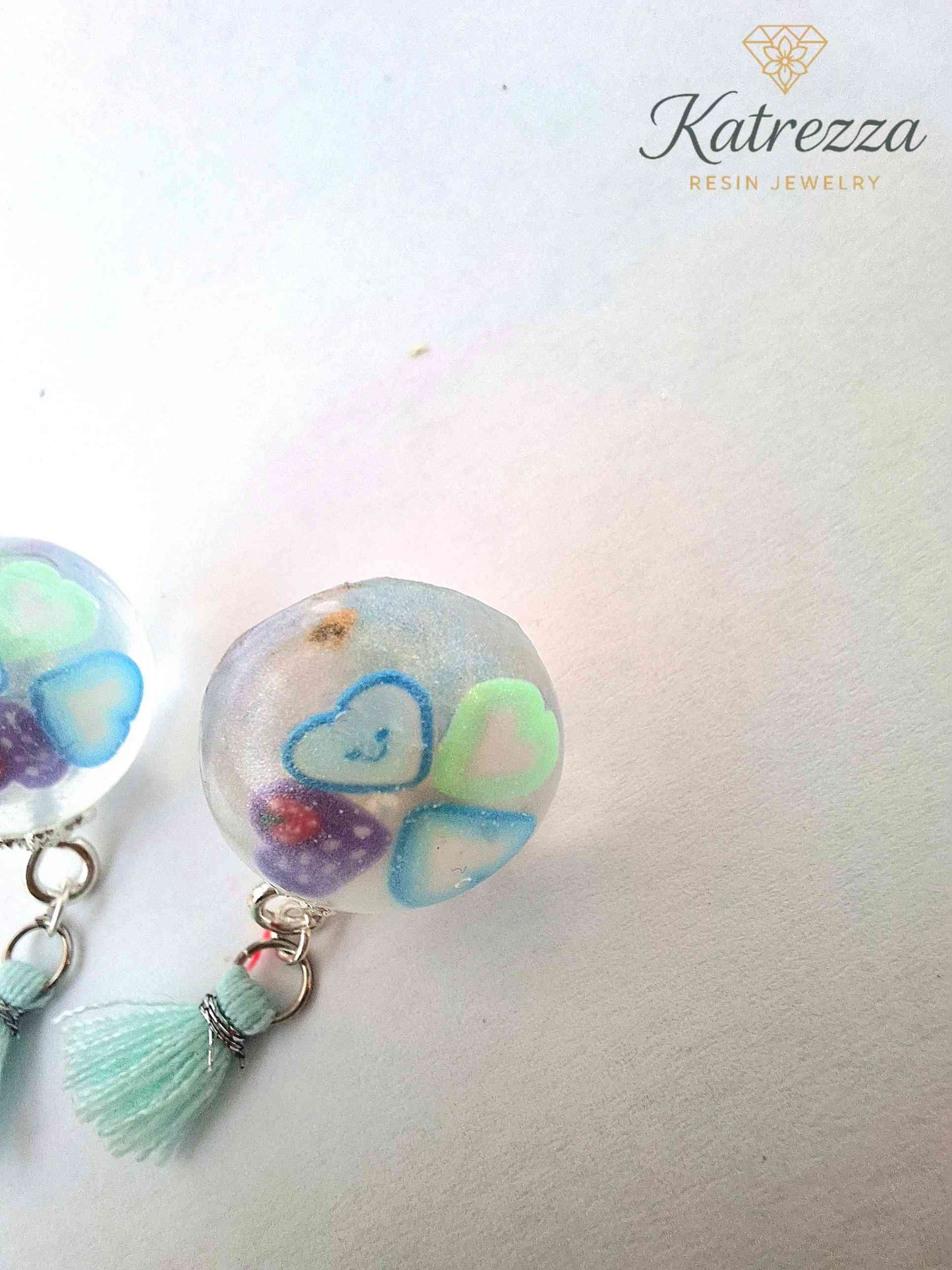 Tiny Round Resin Earrings with Hearts & Tassel | Cute Handmade Jewelry