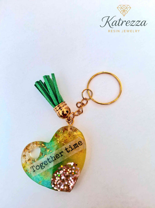 Handmade Heart Resin Keychain – "Together Time" Quote, Glitter & Gold Flakes, Tassel Charm