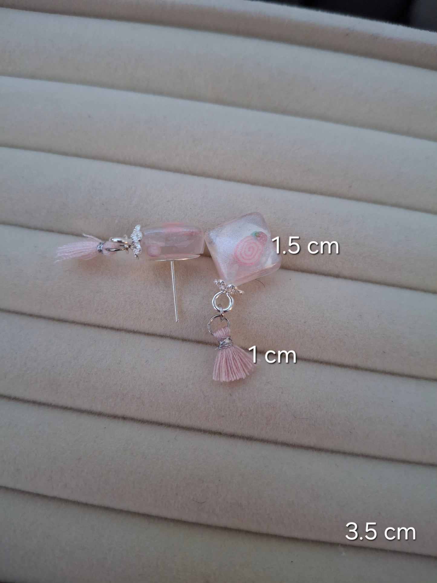White Pearly Resin Diamond Stud Earrings with Pink Fimo & Tassel | Handmade Jewelry