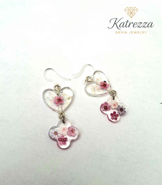 Handmade Heart & Flower Resin Earrings with Real Pressed Flowers | Cute & Lightweight