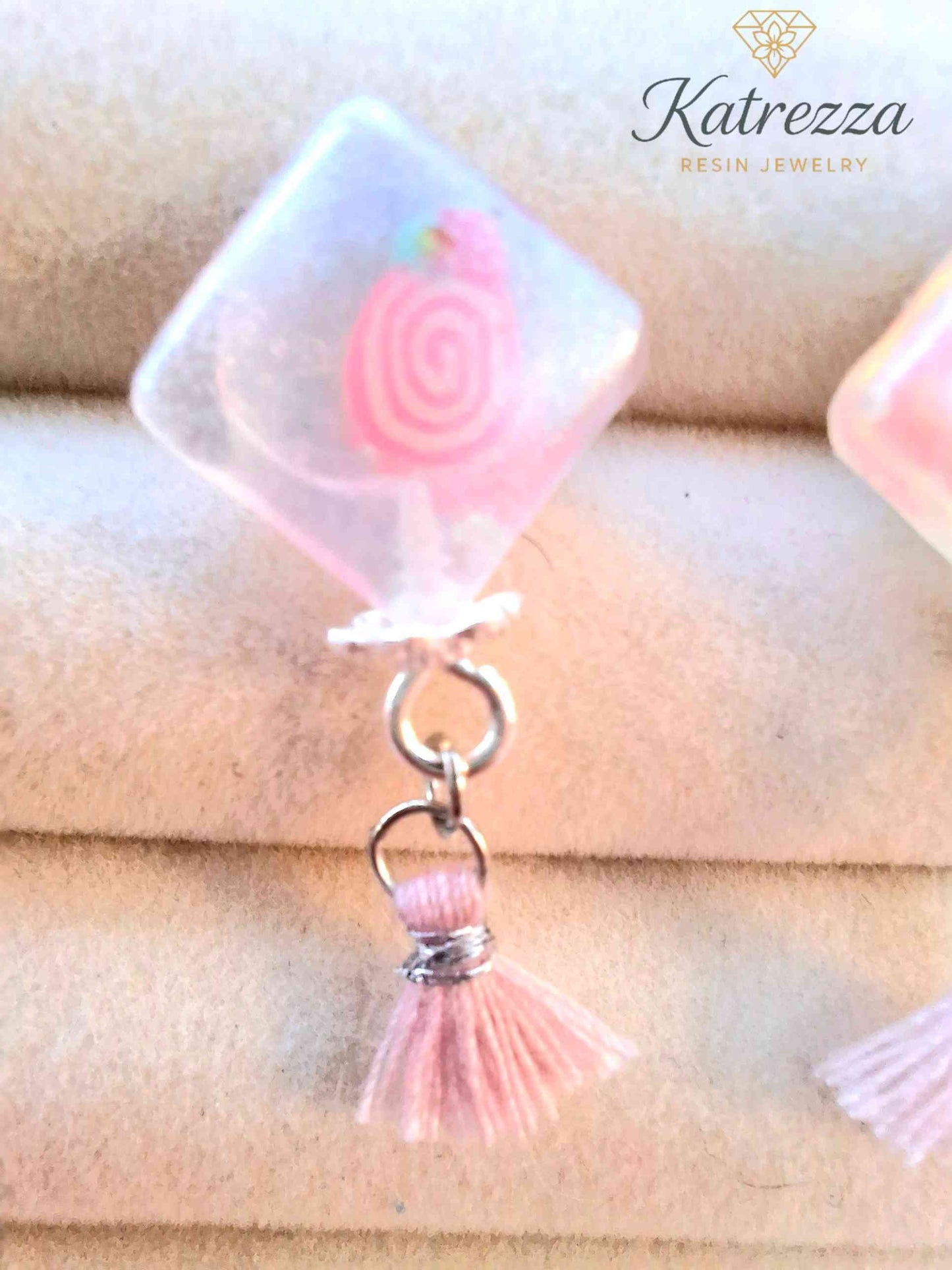 White Pearly Resin Diamond Stud Earrings with Pink Fimo & Tassel | Handmade Jewelry