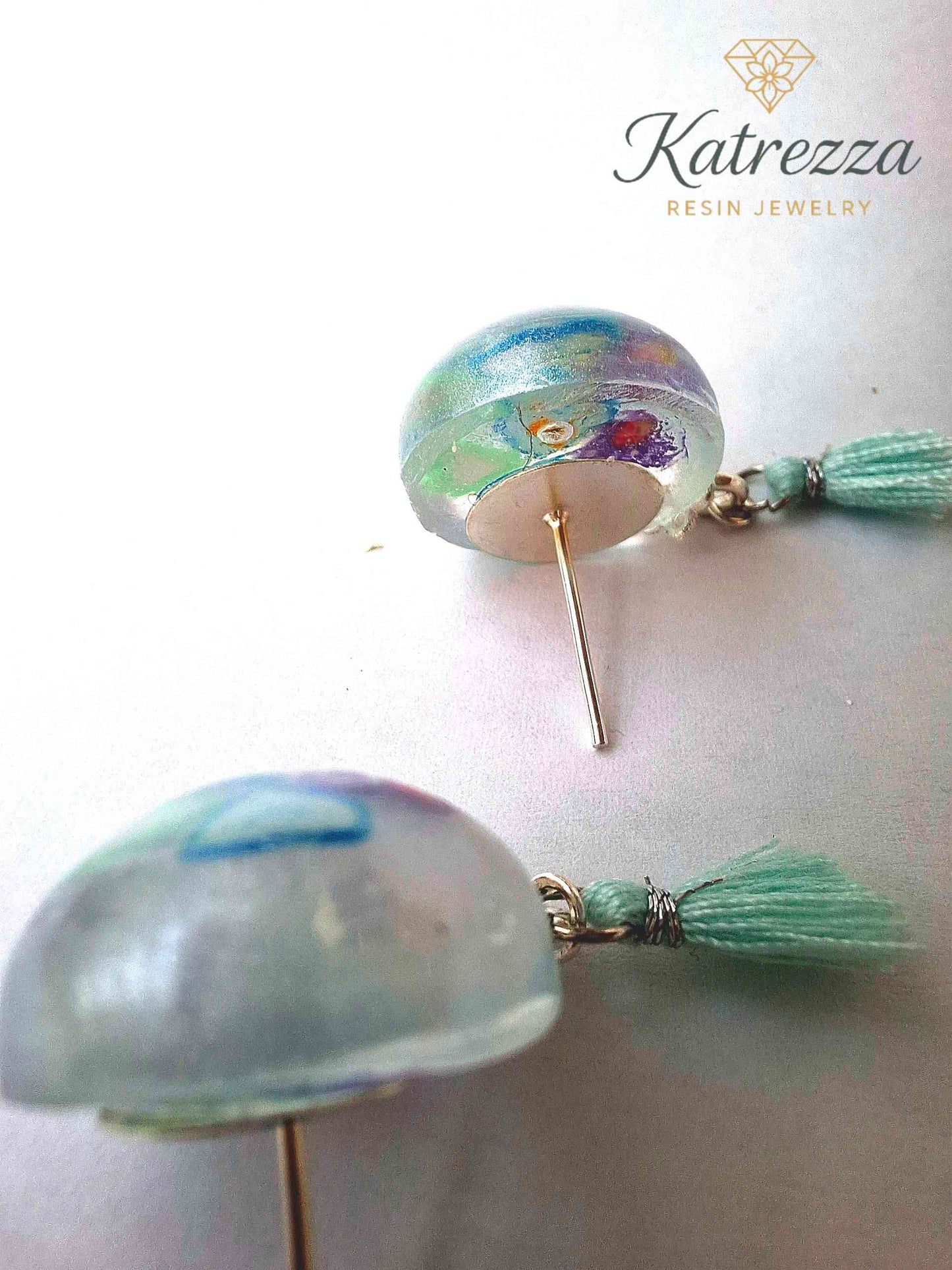 Tiny Round Resin Earrings with Hearts & Tassel | Cute Handmade Jewelry