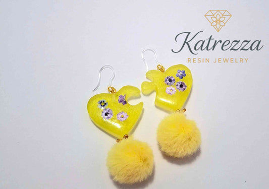 Yellow Heart Resin Earrings with Real Flowers & Fluffy Pom-Poms – Handmade by Katrezza