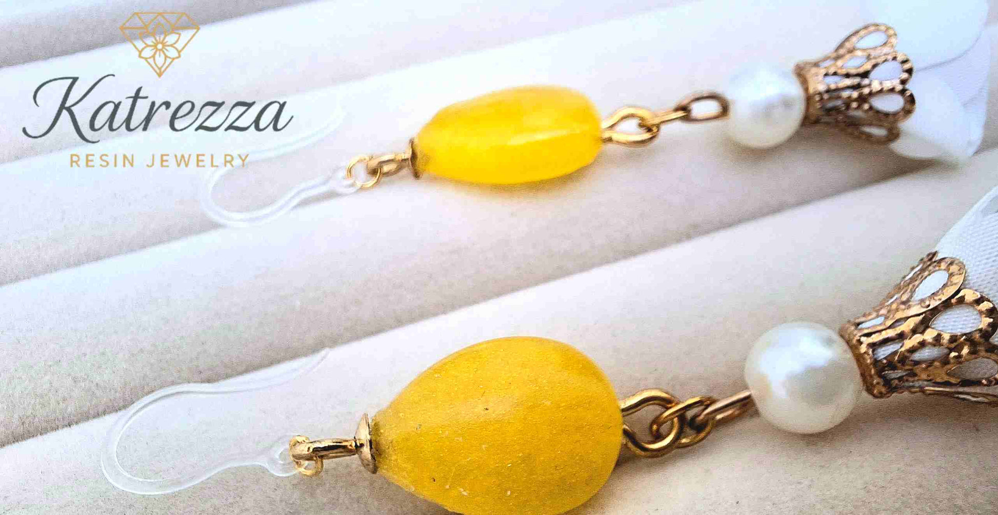 Elegant yellow resin drop earrings with pearl bead and white fabric flower charm – Katrezza Resin Jewelry"
