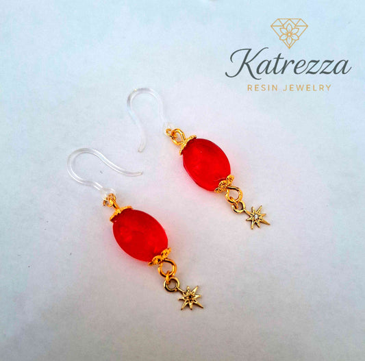 ✨ Red Resin Oval Drop Earrings with Star Charms – 5 cm Handmade by Katrezza