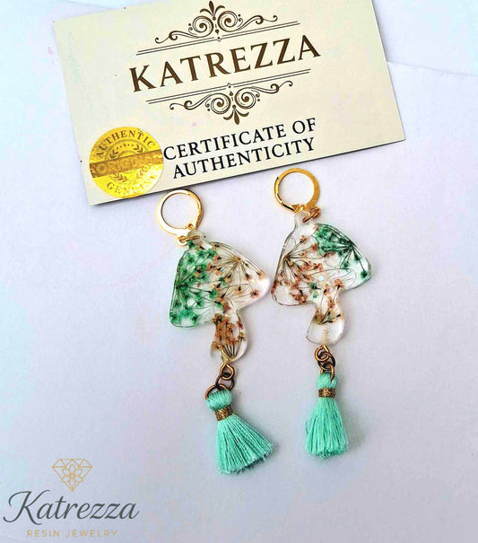 Handmade Resin Mushroom Earrings with Real Flowers & Tassel – Katrezza