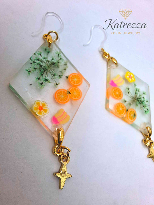 Handmade Resin Earrings with Real Flowers, Fruit Slices & Gold Star Charm | Summer Statement Jewellry