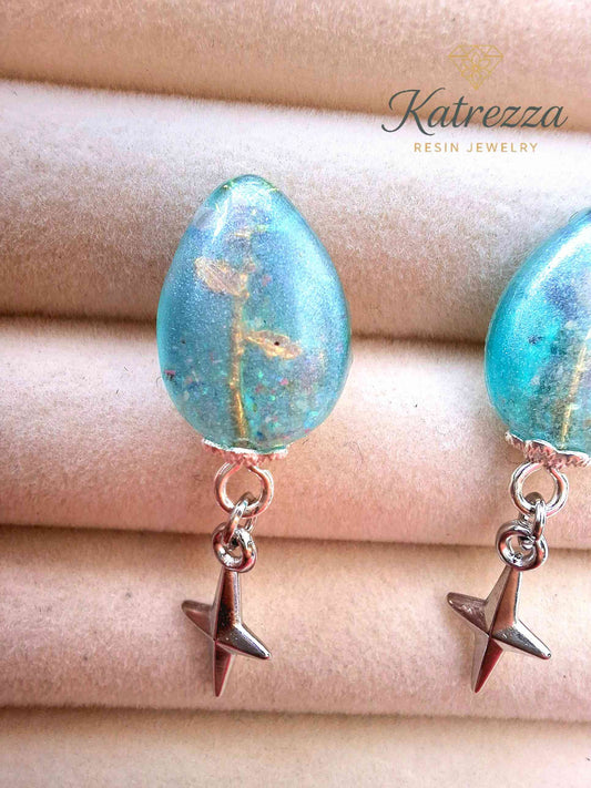Blue Resin Stud Earrings with Star Charm | Handmade Lightweight Jewelry