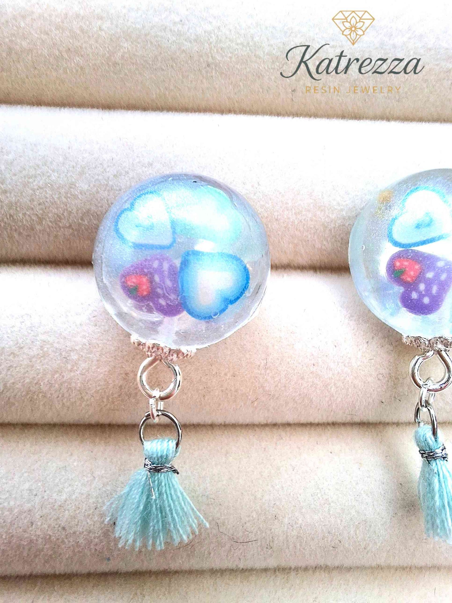 Tiny Round Resin Earrings with Hearts & Tassel | Cute Handmade Jewelry