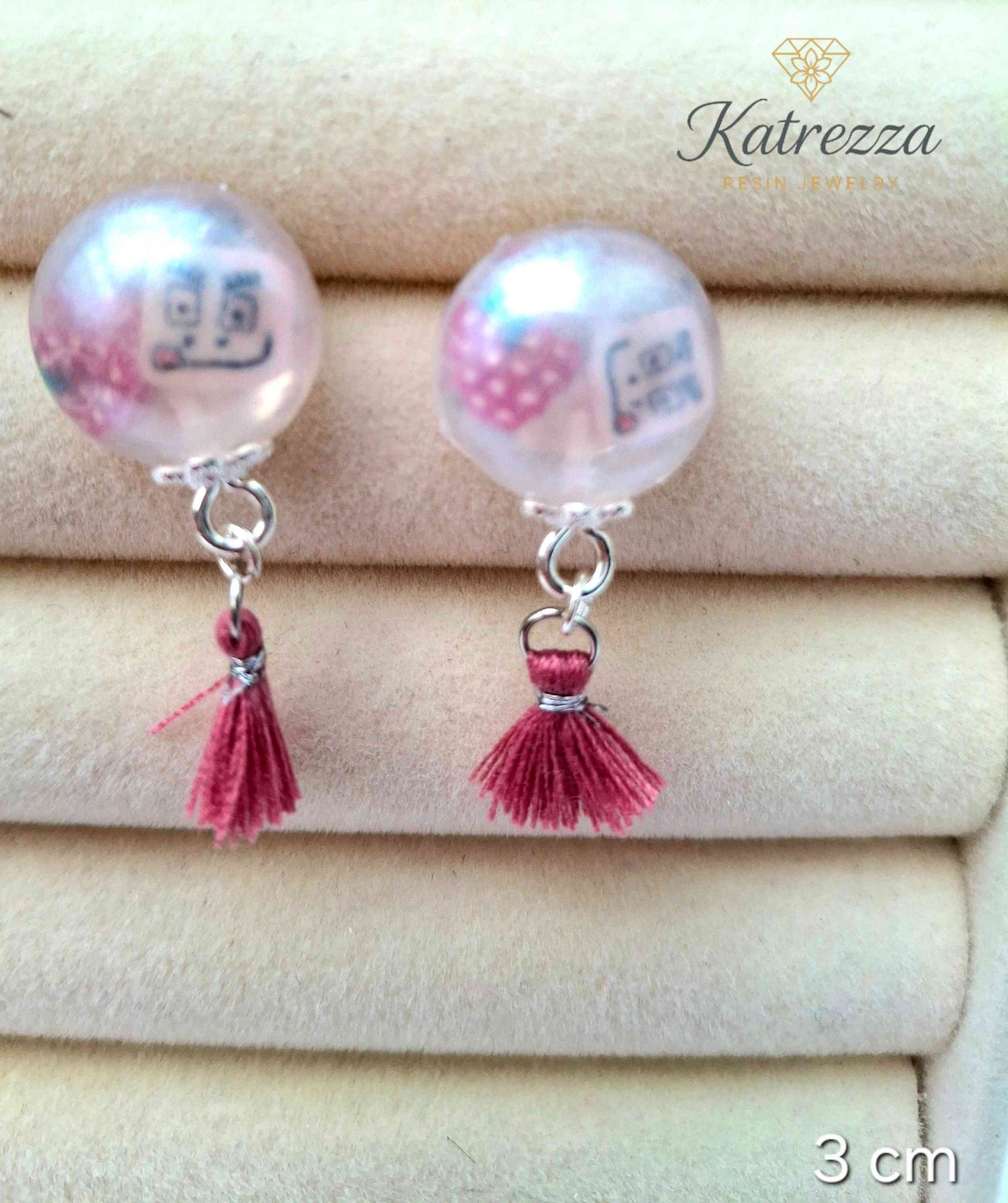 Pearly Resin Stud Earrings with Fimo Detail & Pink Tassel | Handmade Jewelry