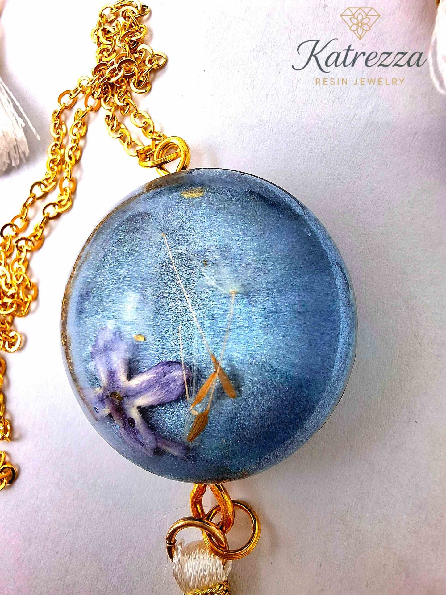Handmade Resin Jewelry Set – Real Flower & Dandelion Earrings with Shell + Blue Pendant Necklace | Katrezza
