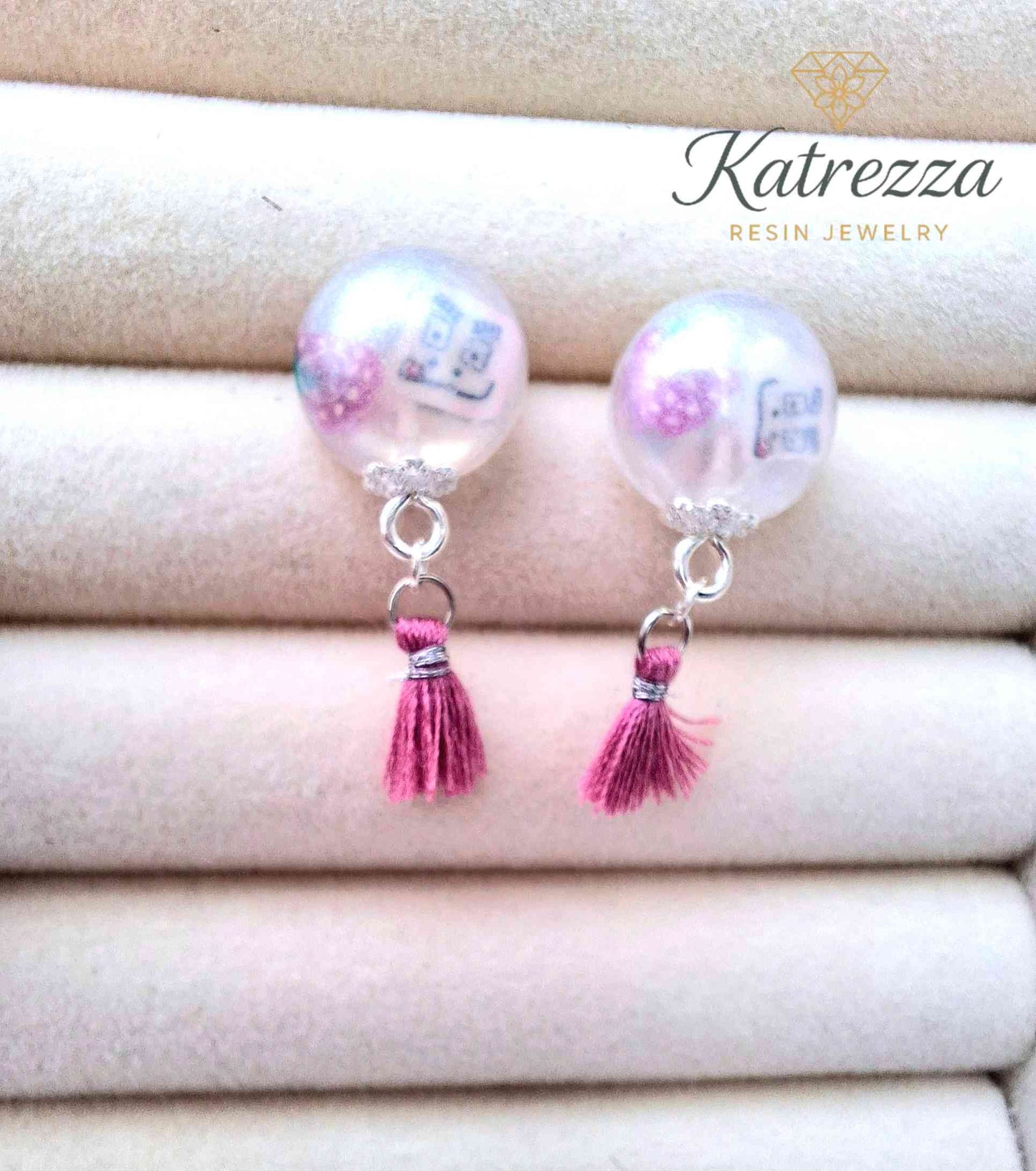 Pearly Resin Stud Earrings with Fimo Detail & Pink Tassel | Handmade Jewelry