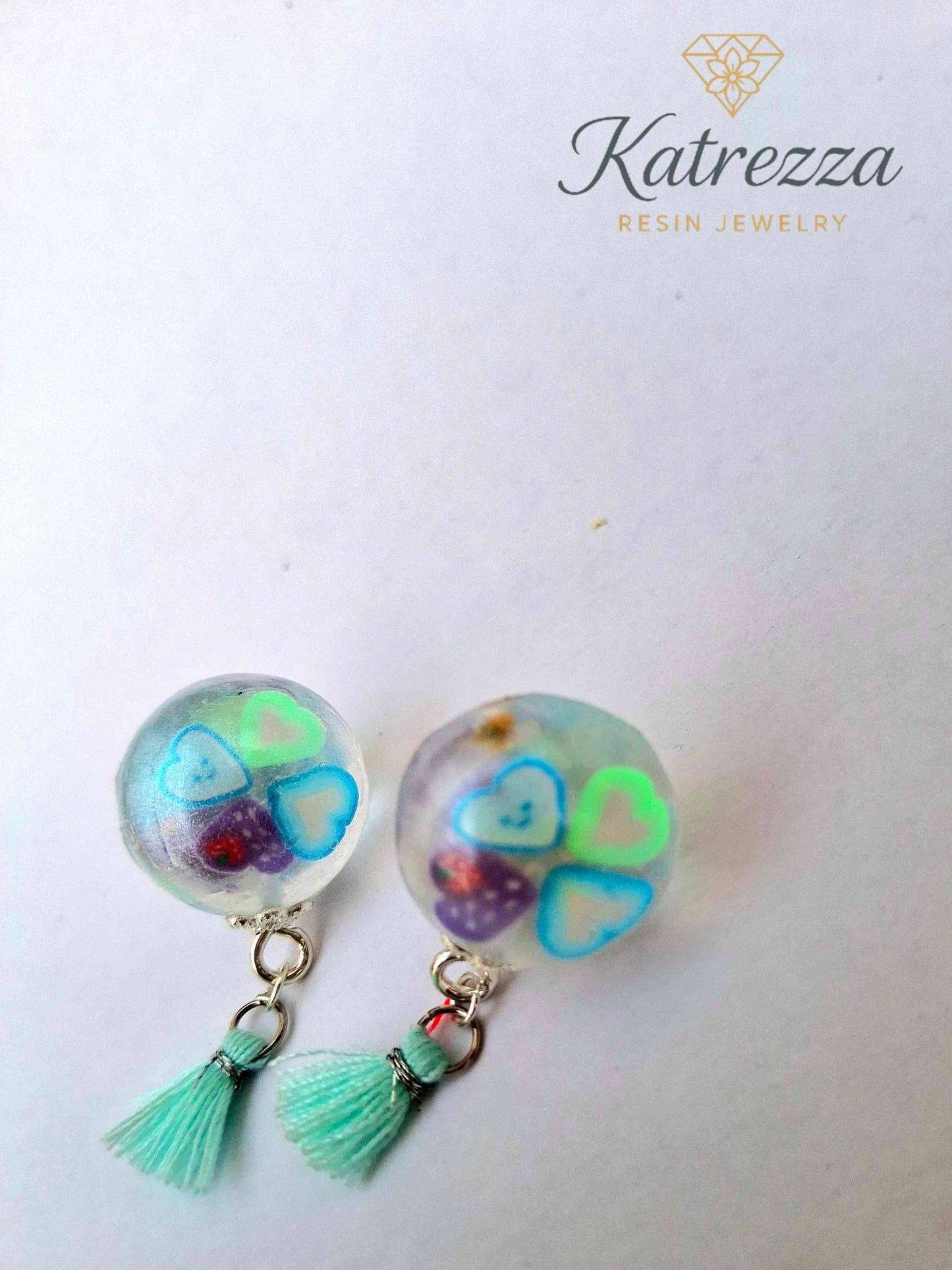Tiny Round Resin Earrings with Hearts & Tassel | Cute Handmade Jewelry