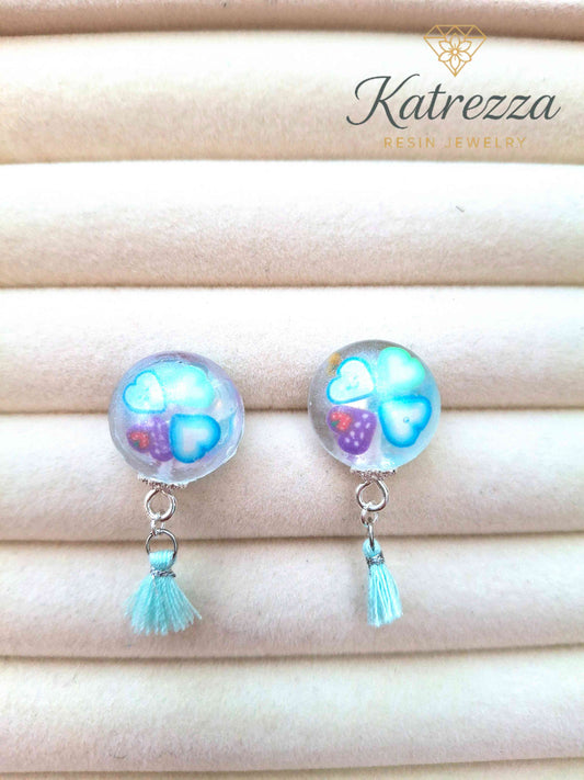 Tiny Round Resin Earrings with Hearts & Tassel | Cute Handmade Jewelry