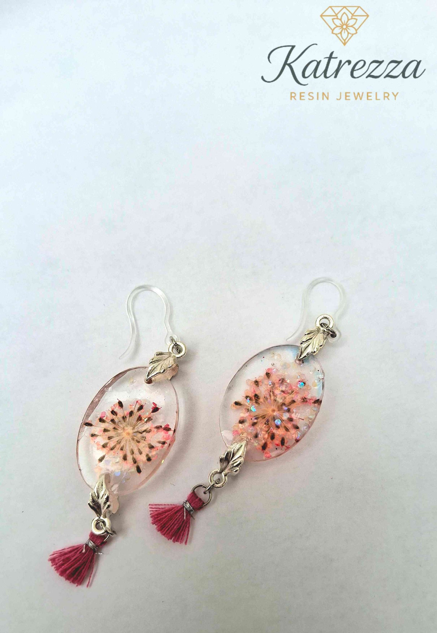 Handmade Oval Resin Earrings with Real Flowers & Pink Tassel | Boho Lightweight Jewelry