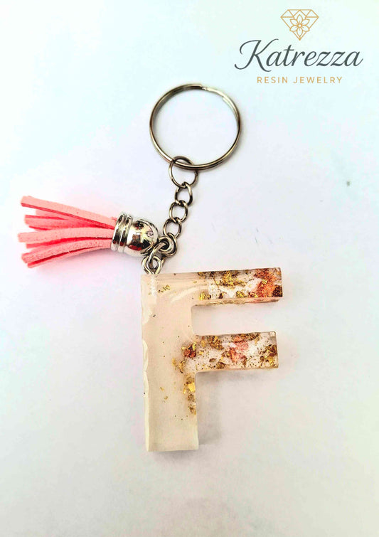 Handmade Resin Initial Keychain – Letter "F" with Gold Flakes & Pink Tassel