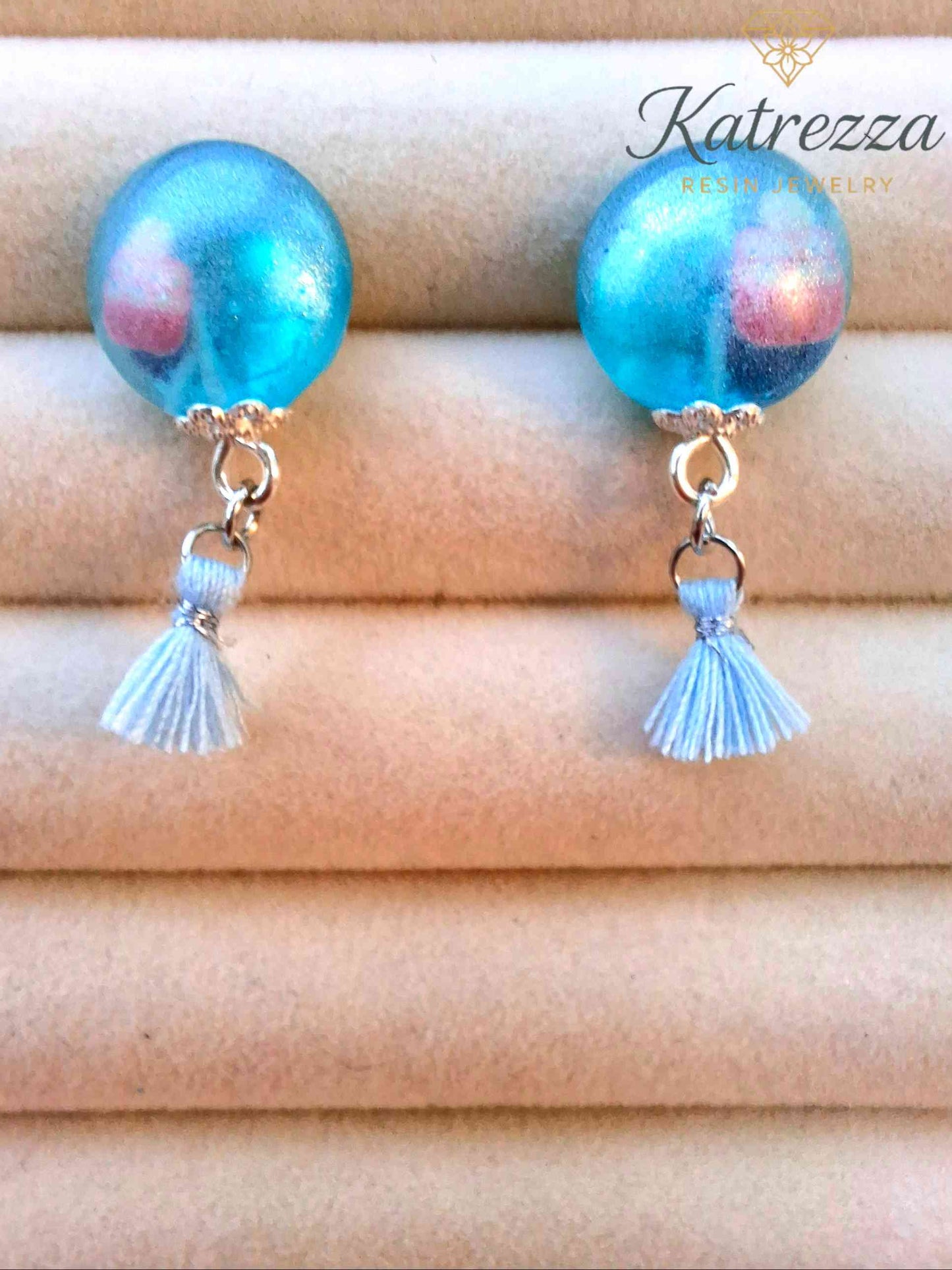 Blue Resin Stud Earrings with Tassel | Cute Handmade Jewelry