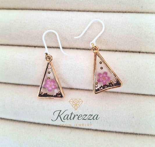 Triangle resin earrings with pink flowers – handmade girls jewelry 2.5 cm