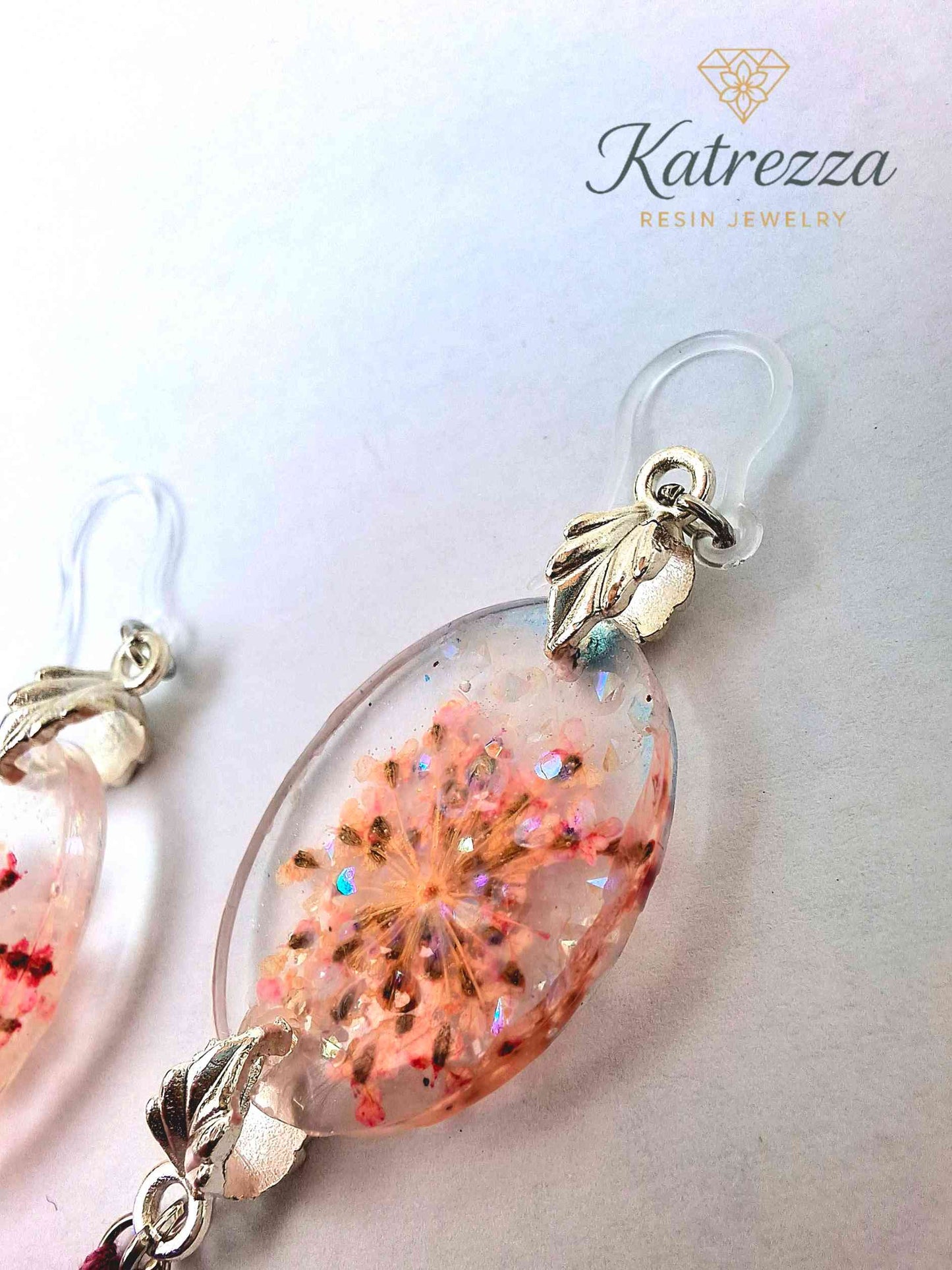 Handmade Oval Resin Earrings with Real Flowers & Pink Tassel | Boho Lightweight Jewelry