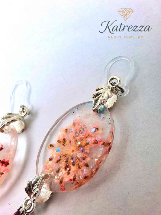 Handmade Oval Resin Earrings with Real Flowers & Pink Tassel | Boho Lightweight Jewelry