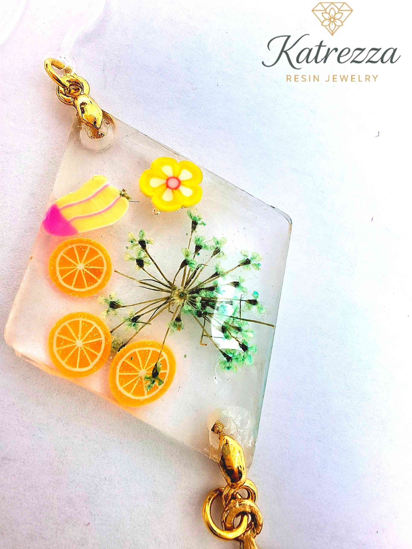 Handmade Resin Earrings with Real Flowers, Fruit Slices & Gold Star Charm | Summer Statement Jewellry