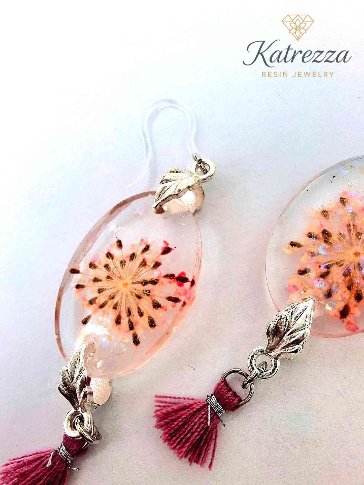 Handmade Oval Resin Earrings with Real Flowers & Pink Tassel | Boho Lightweight Jewelry
