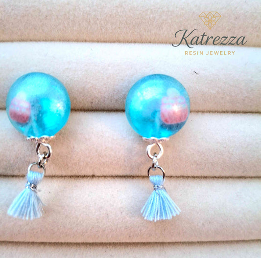 Blue Resin Stud Earrings with Tassel | Cute Handmade Jewelry