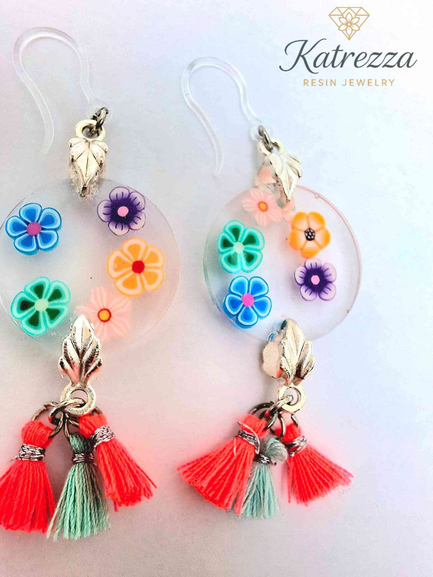 Handmade Resin Flower Earrings – Colorful Floral Dangle with Tassels, Boho Jewelry