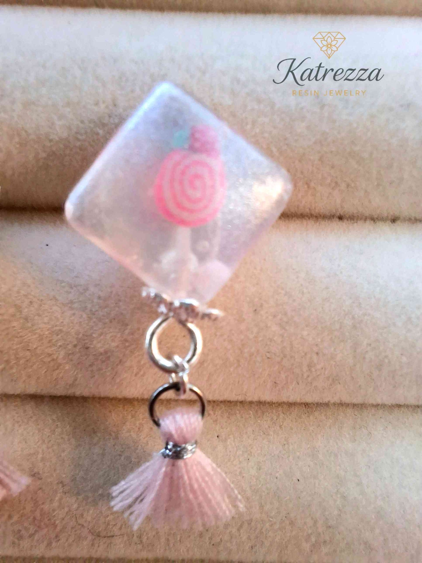 White Pearly Resin Diamond Stud Earrings with Pink Fimo & Tassel | Handmade Jewelry