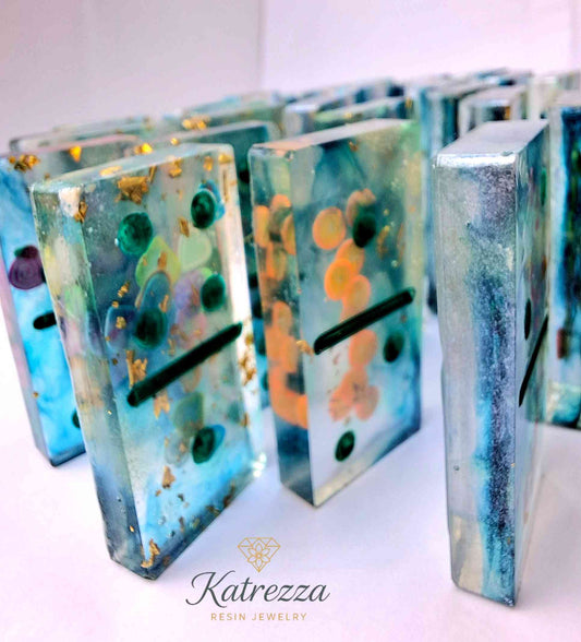 Handmade Resin Domino Set – 28 Pieces with Gold Leaf & Floral Detail