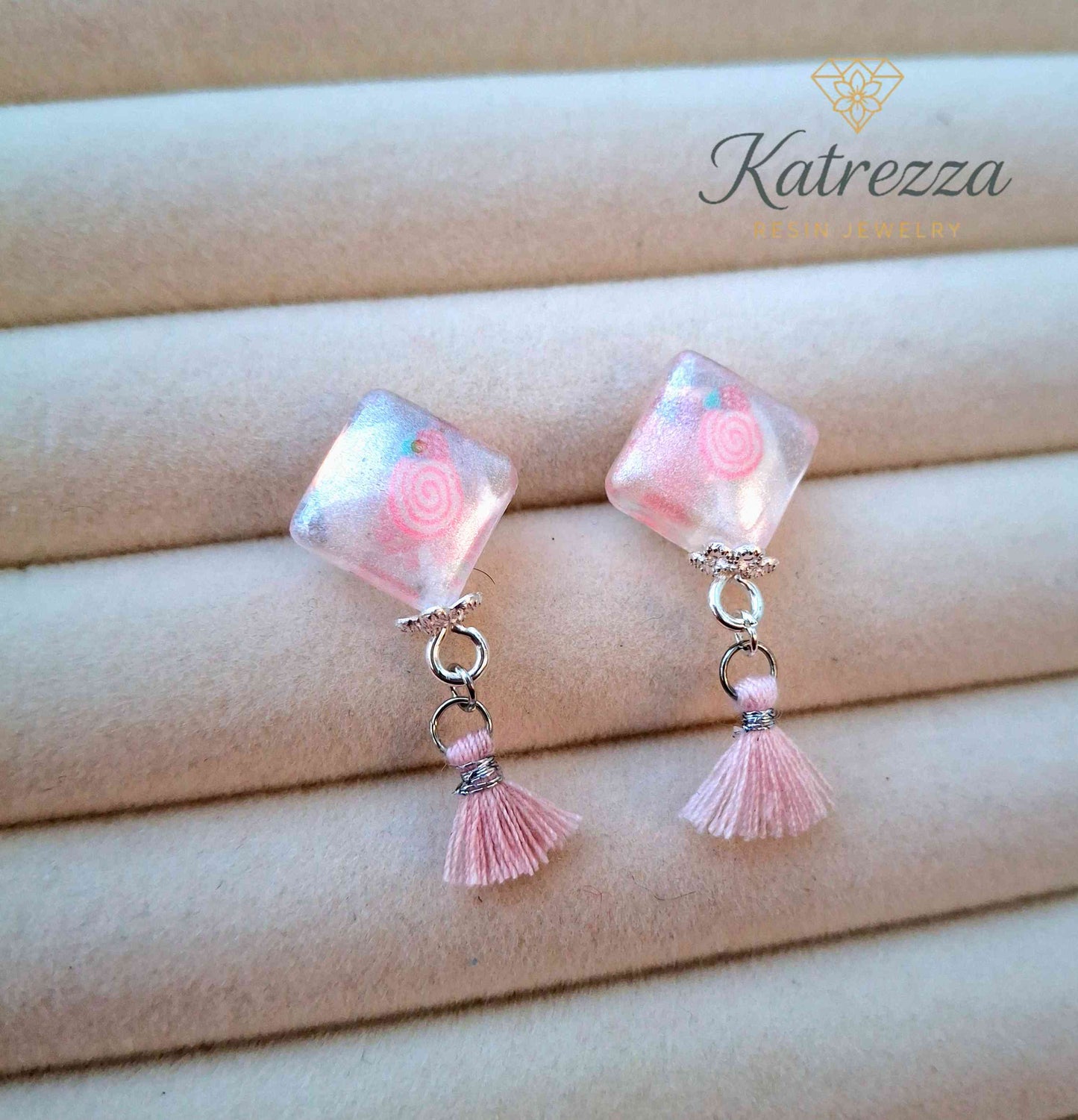 White Pearly Resin Diamond Stud Earrings with Pink Fimo & Tassel | Handmade Jewelry