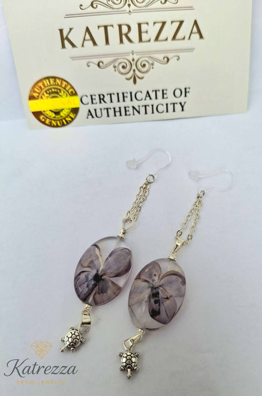 Handmade Resin Flower Earrings with Silver Turtle Charm – Katrezza