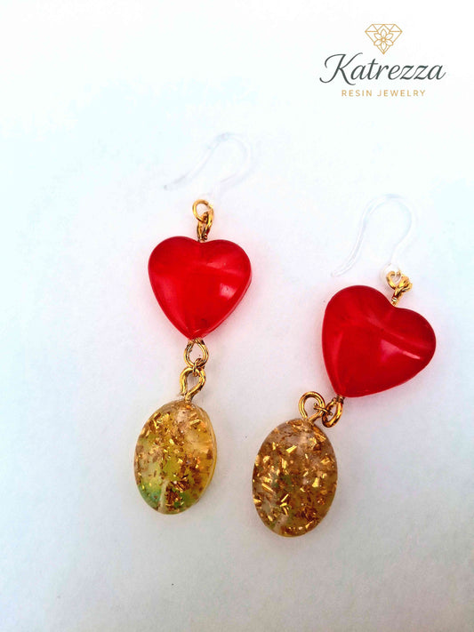 Red Heart & Gold Flake Resin Earrings – Handmade 6.5 cm | Katrezza