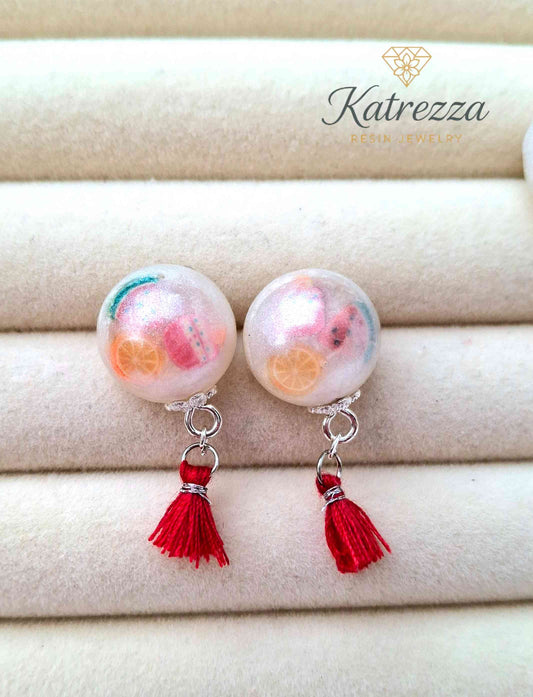 Round Pearly Resin Stud Earrings with Tassel | Floral & Fruit Variants