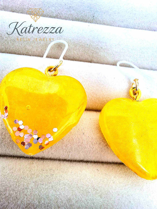Bright yellow resin heart earrings for girls – handmade jewelry